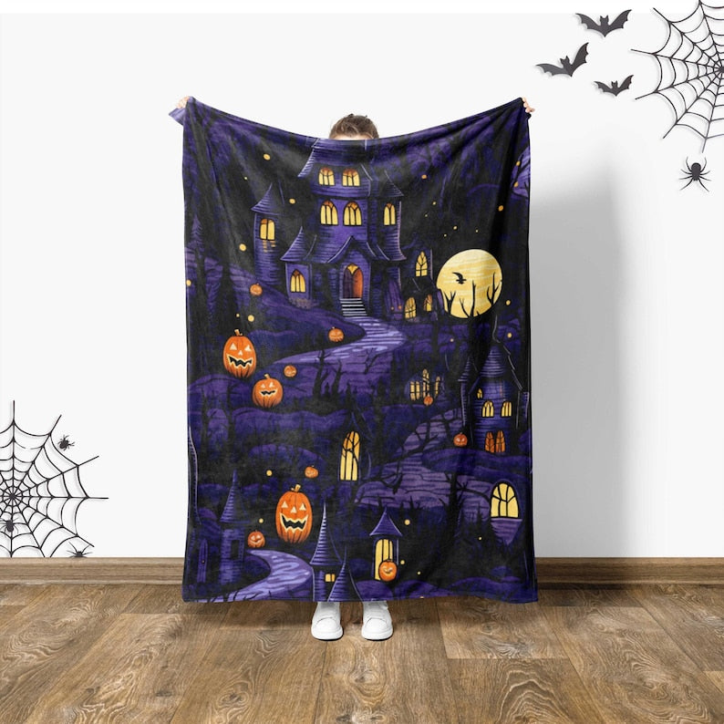 Haunted House Halloween Blanket, Vintage Gothic Horror Bedding | Fall Home Decor