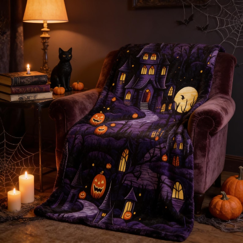 Haunted House Halloween Blanket, Vintage Gothic Horror Bedding | Fall Home Decor