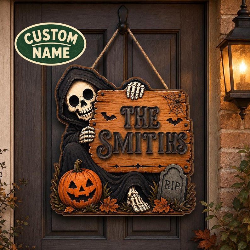 PERSONALIZABLE Halloween Wooden Sign, CUSTOMIZABLE Family Name Decor, Spooky Skeleton Door Hanger, Haunted Housewarming Gift For Family