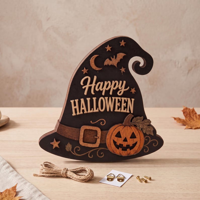 Halloween Wooden Door Sign, Witch Hat Pumpkin Decor, Two-Layer Wood Hanger, Spooky Autumn Housewarming Gift For Family And Friends
