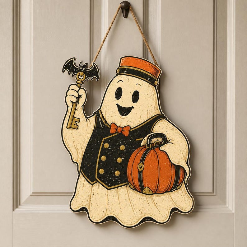 Ghost Bellhop Door Hanger, Halloween Welcome Sign, Vintage Spooky Plywood Decor