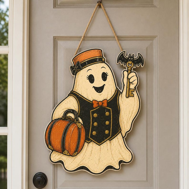 Ghost Bellhop Door Hanger, Halloween Welcome Sign, Vintage Spooky Plywood Decor