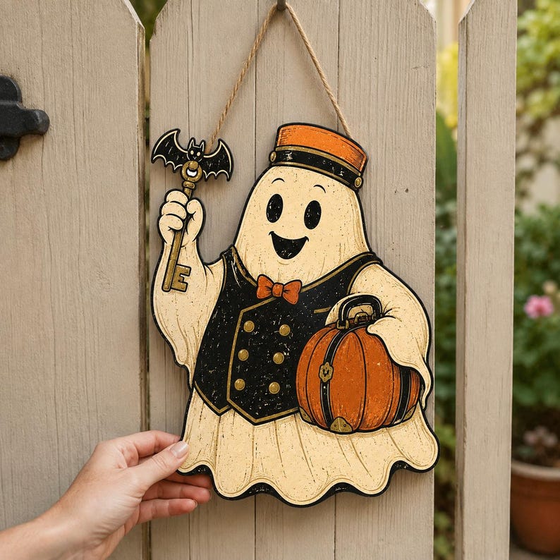 Ghost Bellhop Door Hanger, Halloween Welcome Sign, Vintage Spooky Plywood Decor
