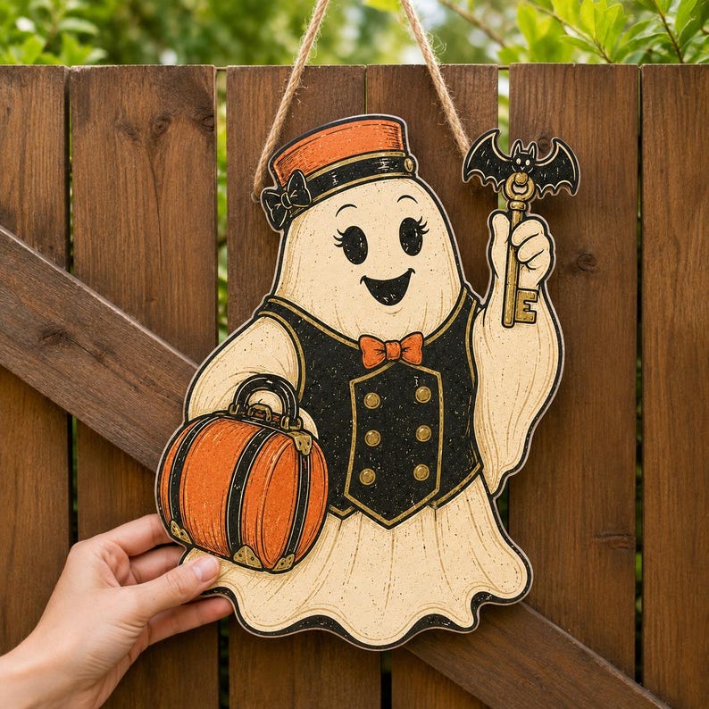 Ghost Bellhop Door Hanger, Halloween Welcome Sign, Vintage Spooky Plywood Decor