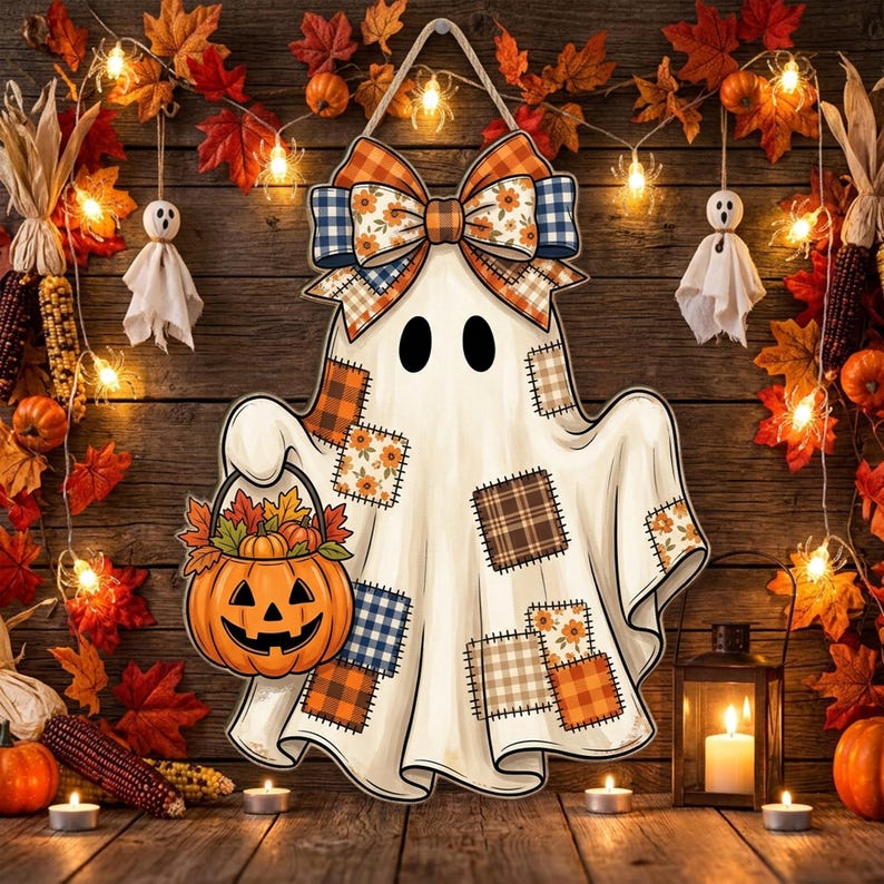 Patchwork Ghost Halloween Door Hanger - Fall Pumpkin Wooden Wall Sign