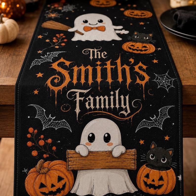 Personalized Halloween Table Runner, Custom Family Name Linen Runner, Ghost Pumpkin Dining Decor, Spooky Party