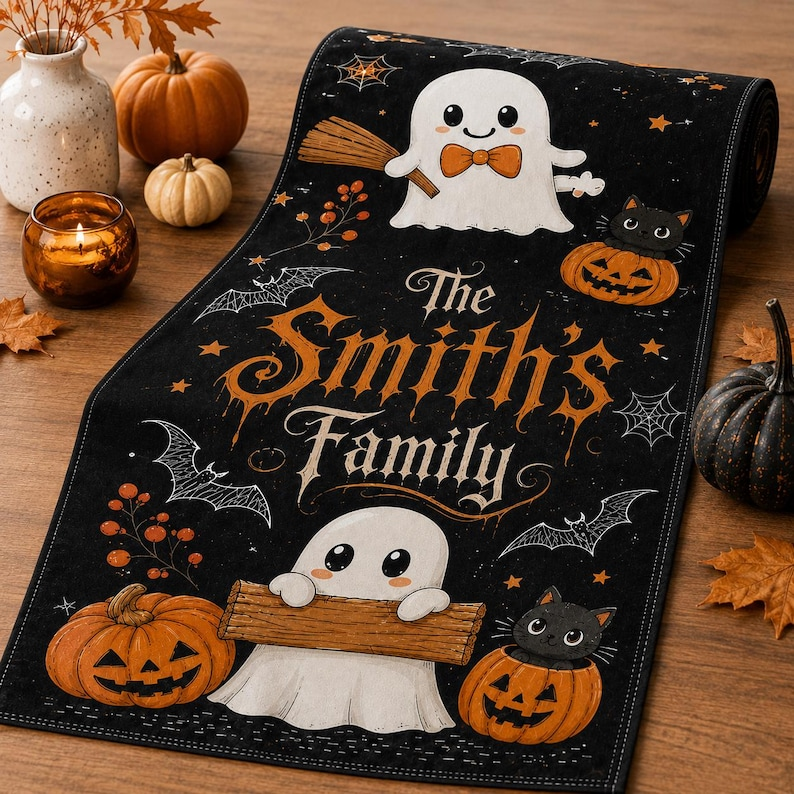 Personalized Halloween Table Runner, Custom Family Name Linen Runner, Ghost Pumpkin Dining Decor, Spooky Party