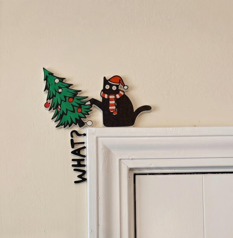 Black Cat vs Christmas Tree Door Corner Topper, Kitty Cat Christmas Door Decoration, best gift for cat lovers