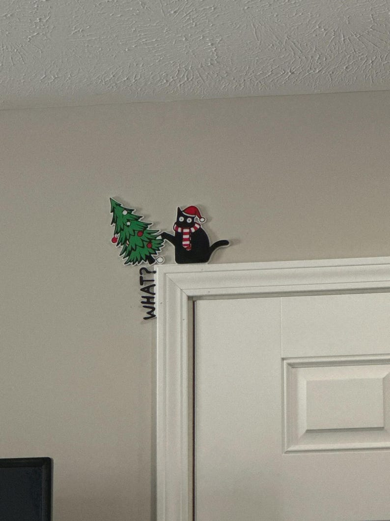 Black Cat vs Christmas Tree Door Corner Topper, Kitty Cat Christmas Door Decoration, best gift for cat lovers