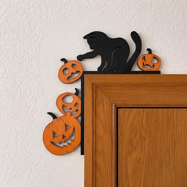 Cute Black cat and pumpkin Door Corner Decor, Halloween Decoration Sign, Door Toppers, Fall Decor, Cat Lover Gift for Home Display