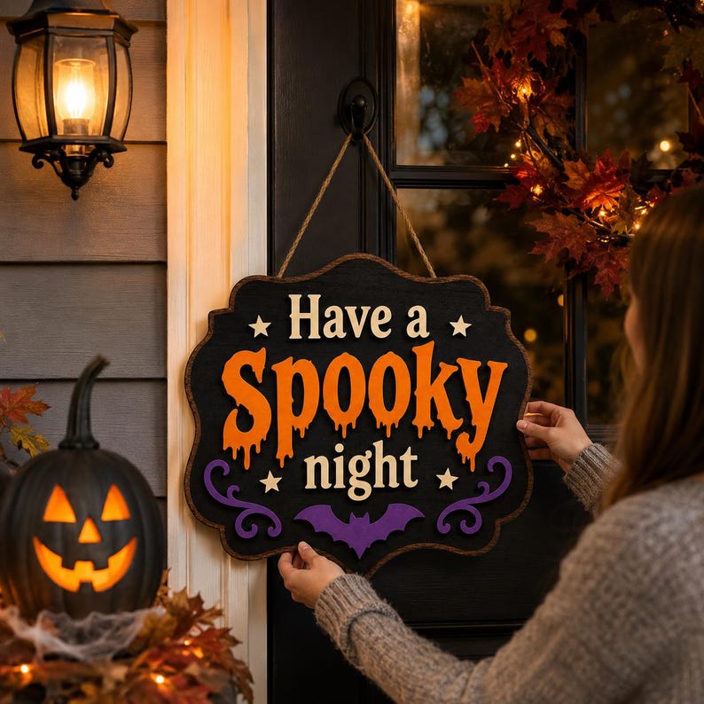 Halloween Wooden Sign, Spooky Night Door Decor, Vintage Gothic Wall Hanging, Cute Bat Porch Accent, Fall Housewarming Gift For Family