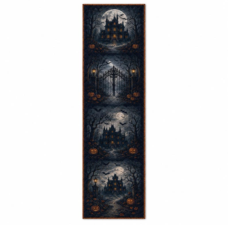 Haunted Mansion Table Runner, Gothic Halloween Dining Table Decor