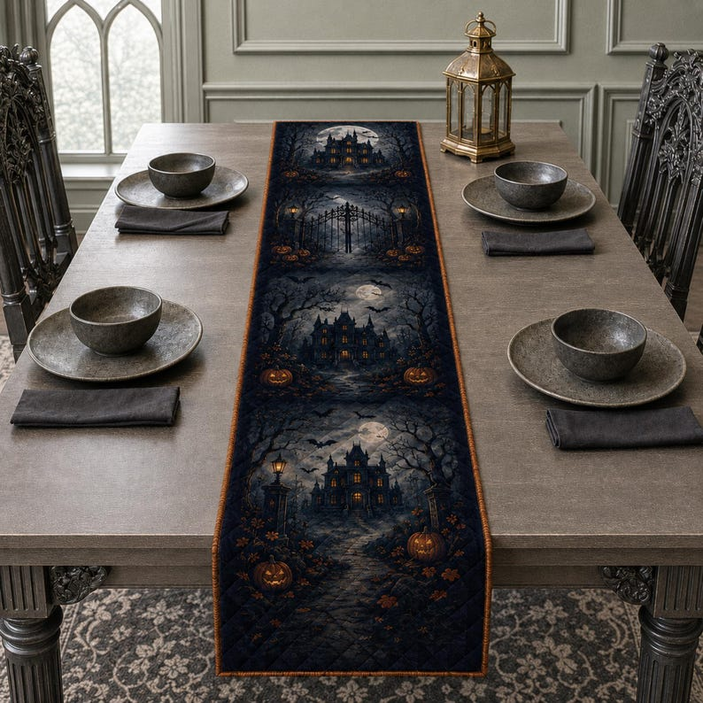 Haunted Mansion Table Runner, Gothic Halloween Dining Table Decor