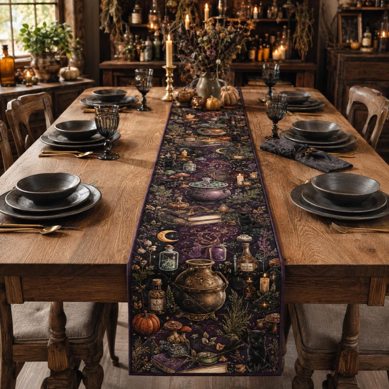 Witch’s Potion Kitchen Table Runner, Gothic Halloween Table Decor