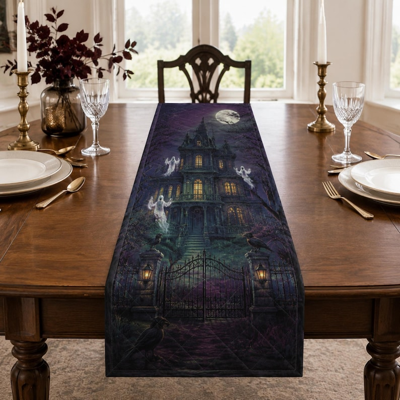Haunted Mansion Halloween Table Runner, Gothic Ghost Dining Table Decor