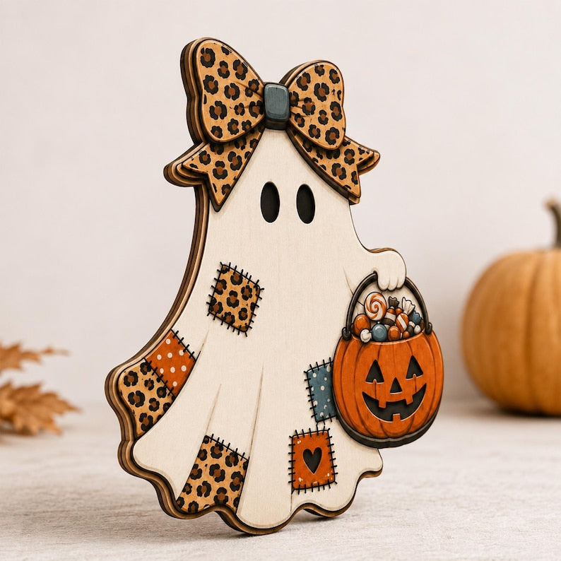 Patchwork Ghost Door Hanger, Wooden Halloween Front Door Sign, Cute Pumpkin Ghost, Rustic Fall Porch Decor