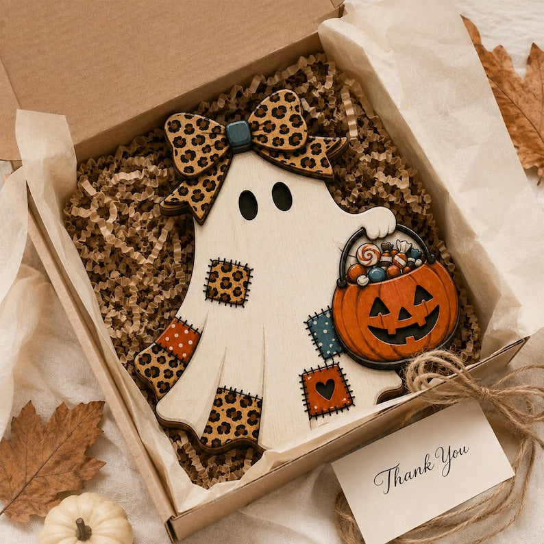 Patchwork Ghost Door Hanger, Wooden Halloween Front Door Sign, Cute Pumpkin Ghost, Rustic Fall Porch Decor
