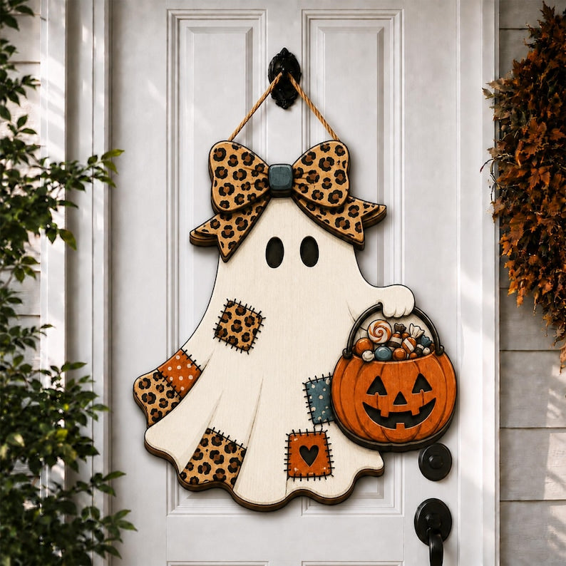 Patchwork Ghost Door Hanger, Wooden Halloween Front Door Sign, Cute Pumpkin Ghost, Rustic Fall Porch Decor