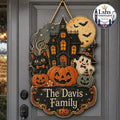 Custom Haunted House Halloween Wooden Sign,Personalized Family Name Door Hanger Retro Pumpkin Ghost Hanging Plaque,Spooky Season Welcome Art