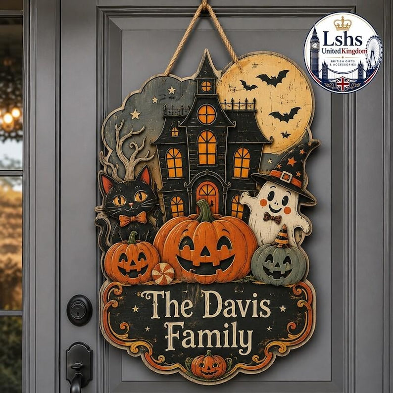 Custom Haunted House Halloween Wooden Sign,Personalized Family Name Door Hanger Retro Pumpkin Ghost Hanging Plaque,Spooky Season Welcome Art