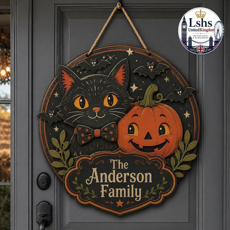 Retro Pumpkin Bat Hanging Plaque, Round Black Cat Halloween Wooden Sign, Personalized Family Name Door Hanger, Spooky Season Welcome Art