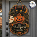 Black Cat Pumpkin Front Door Decor, Custom Halloween Wooden Sign, Personalized Family Name Door Hanger, Ghost Owl Bat Welcome Plaque Gift