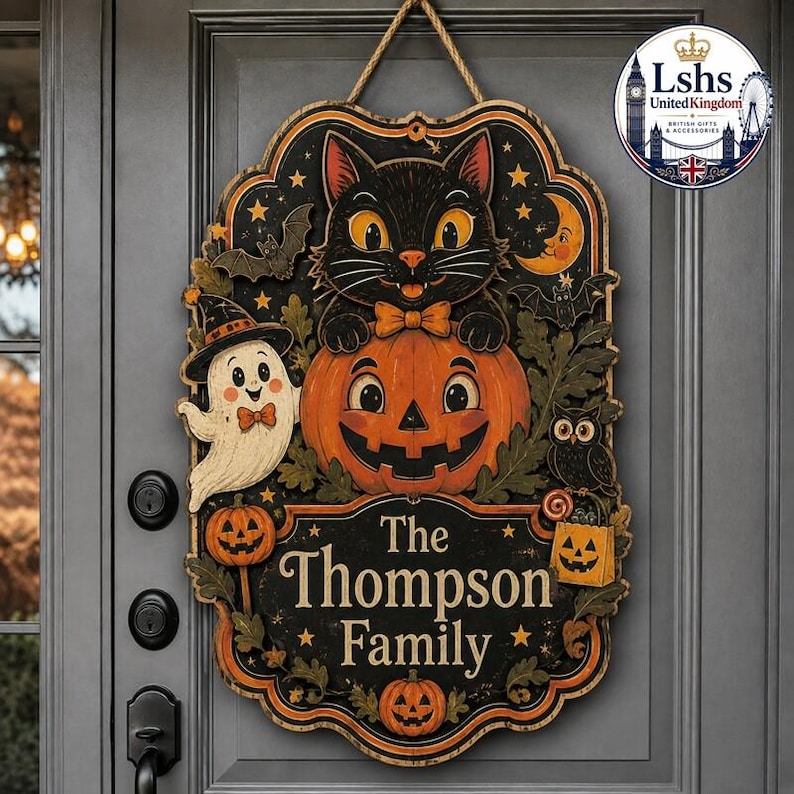 Black Cat Pumpkin Front Door Decor, Custom Halloween Wooden Sign, Personalized Family Name Door Hanger, Ghost Owl Bat Welcome Plaque Gift