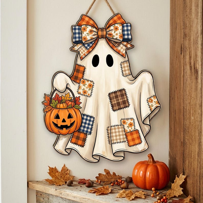 Patchwork Ghost Halloween Door Hanger - Fall Pumpkin Wooden Wall Sign