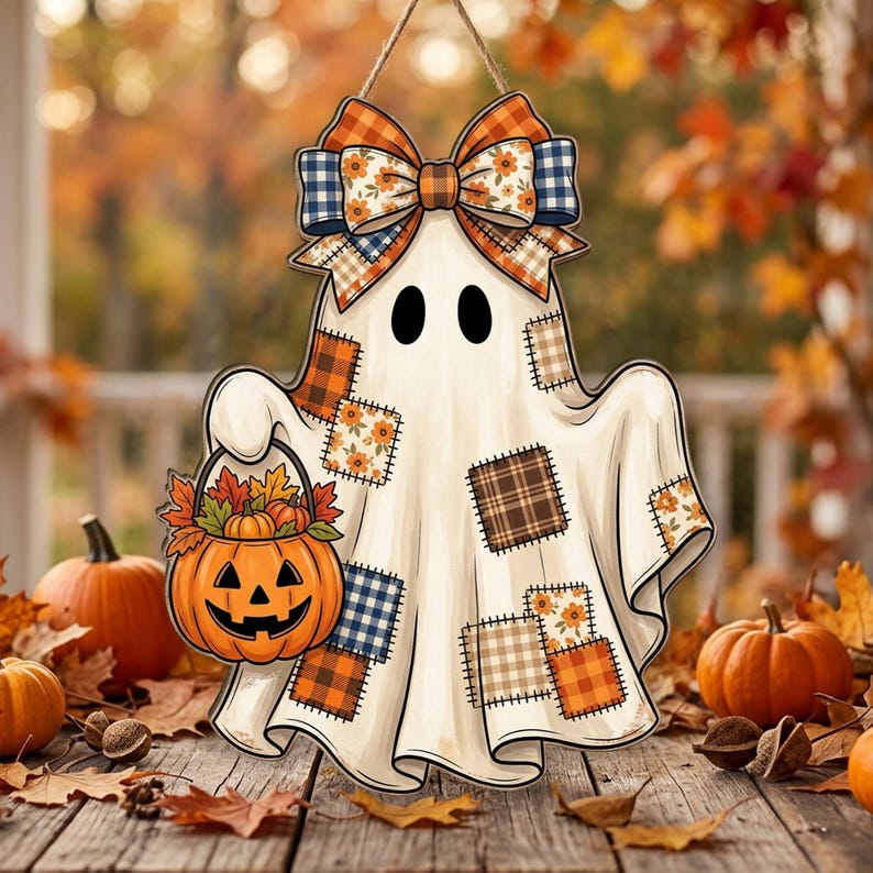 Patchwork Ghost Halloween Door Hanger - Fall Pumpkin Wooden Wall Sign
