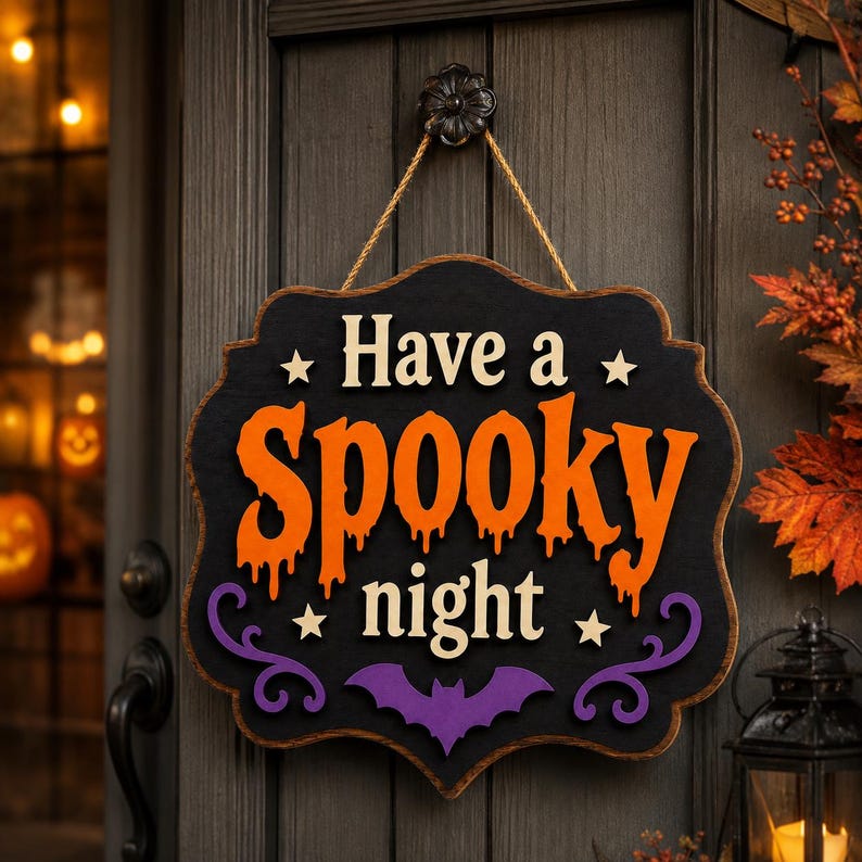 Halloween Wooden Sign, Spooky Night Door Decor, Vintage Gothic Wall Hanging, Cute Bat Porch Accent, Fall Housewarming Gift For Family