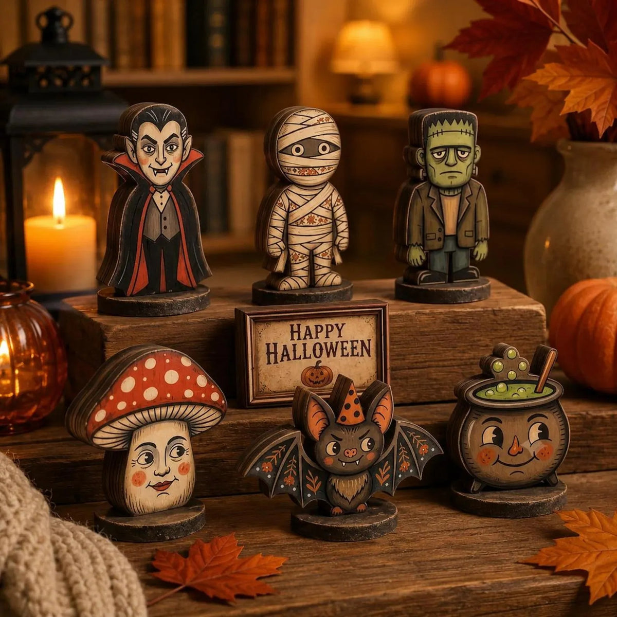 Vintage Halloween Wooden Block, Cute Spooky Shelf Sitter, Rustic Tiered Tray Decor, Vampire Mummy Bat Cauldron, Fall Halloween Home Decoration