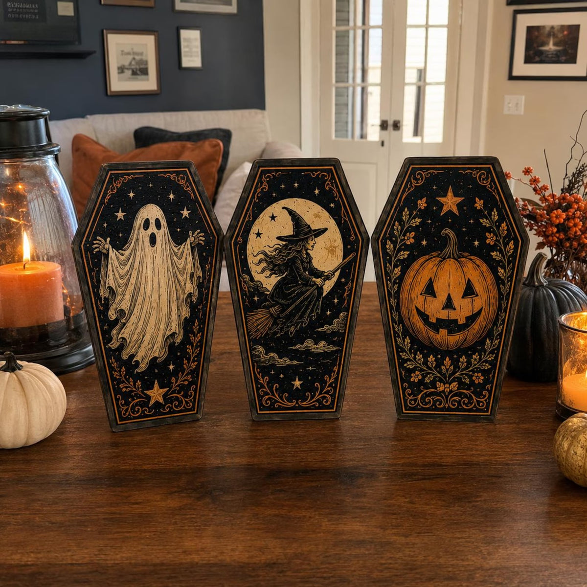 Vintage Halloween Wooden Sign, 3-Layer Retro Shelf Decor, Ghost Pumpkin Black Cat Skeleton Witch Owl, Rustic Halloween Home Decoration, Fall Gift