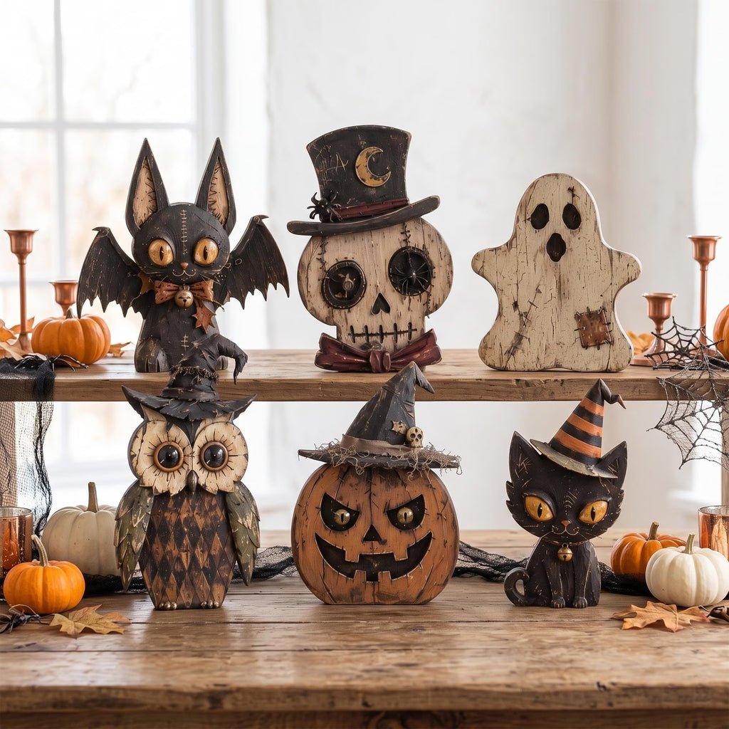 Choose Your Character Halloween Wooden Block, 2D Flat Printed Ghost Pumpkin Black Cat Skeleton Owl Bat, Rustic Fall Tiered Tray Decor