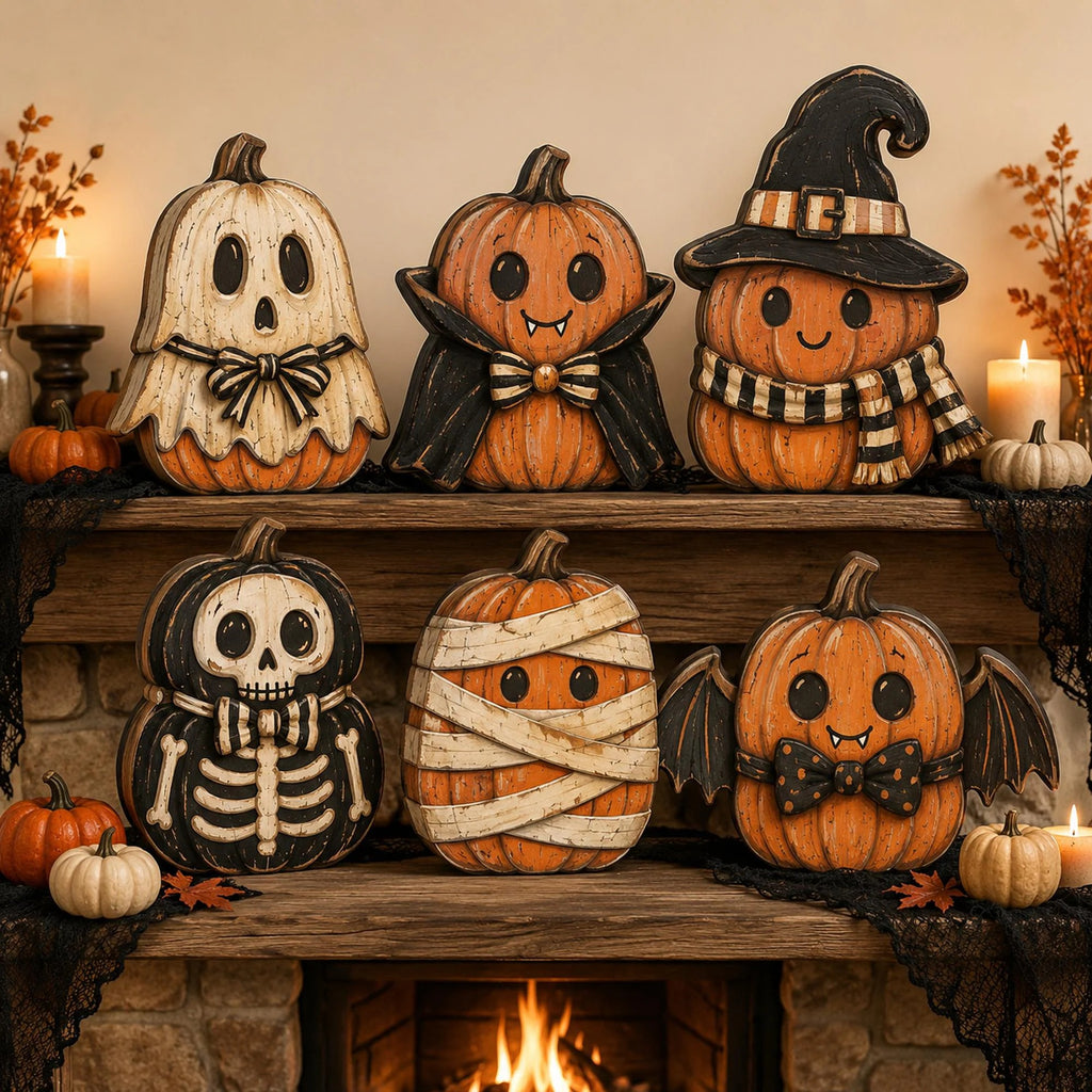Halloween Pumpkin Blocks, Spooky Character Figures, Rustic Mantel Display