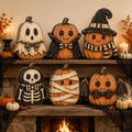 Halloween Pumpkin Blocks, Spooky Character Figures, Rustic Mantel Display