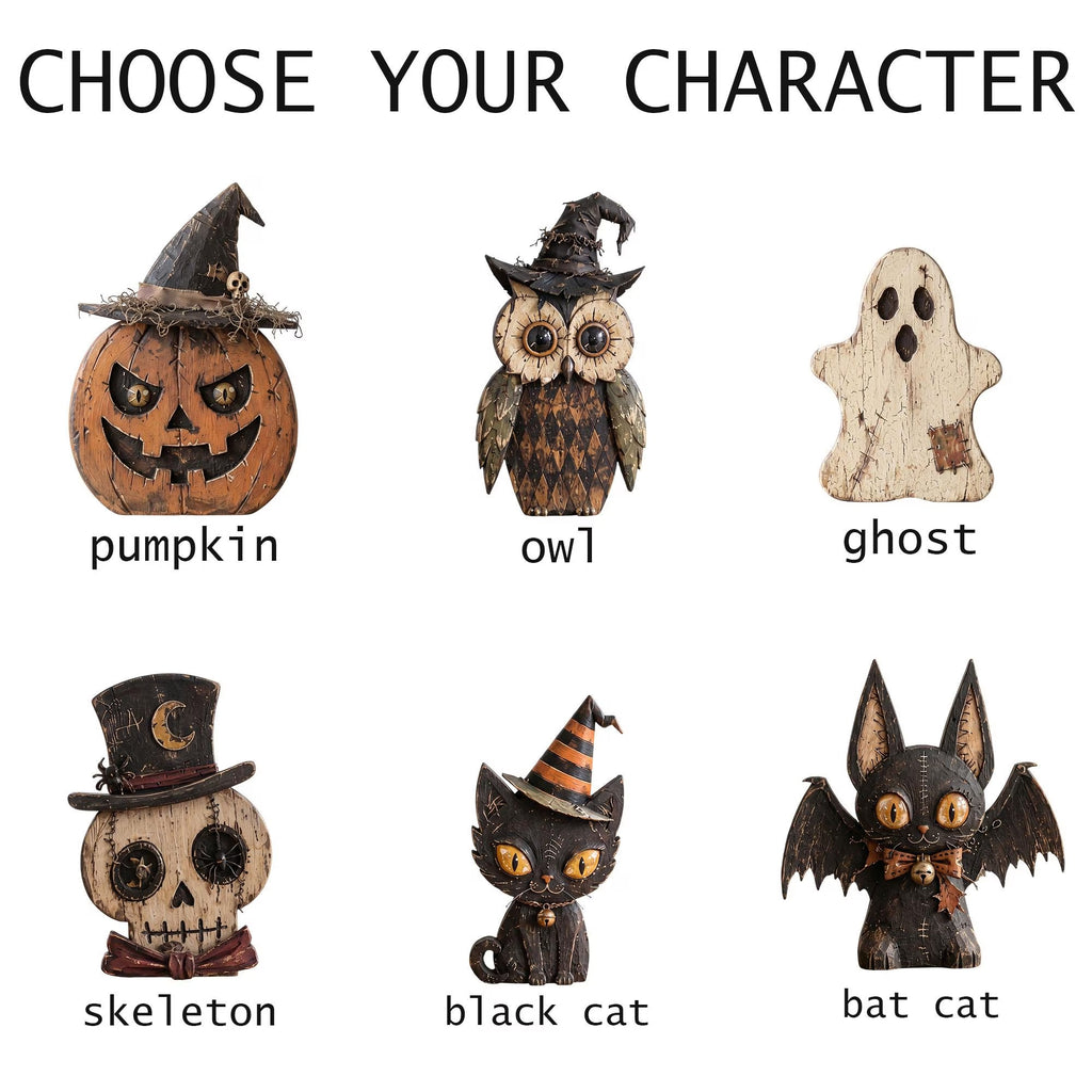 Choose Your Character Halloween Wooden Block, 2D Flat Printed Ghost Pumpkin Black Cat Skeleton Owl Bat, Rustic Fall Tiered Tray Decor