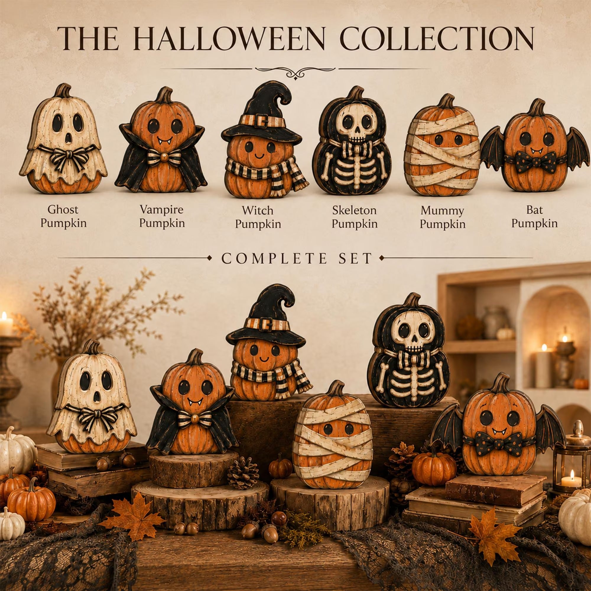 Halloween Pumpkin Blocks, Spooky Character Figures, Rustic Mantel Display