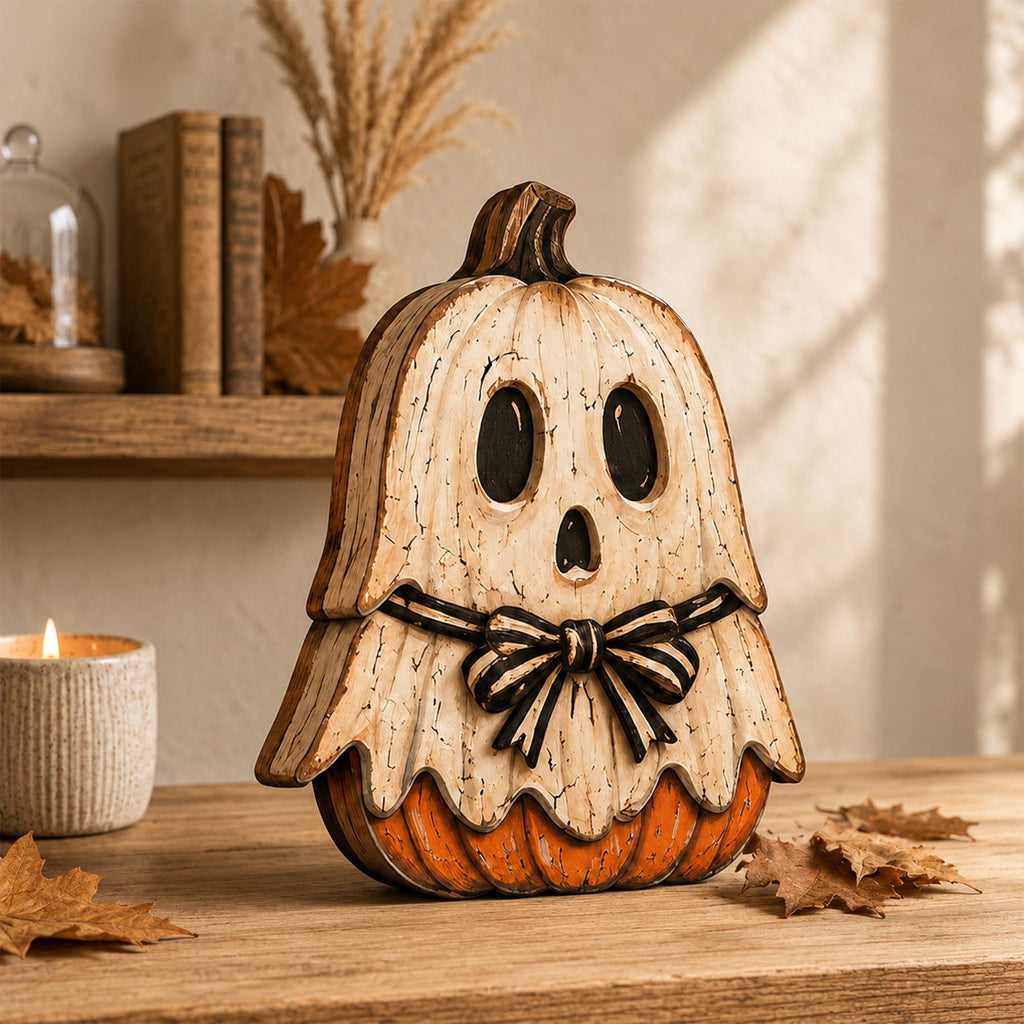 Halloween Pumpkin Blocks, Spooky Character Figures, Rustic Mantel Display