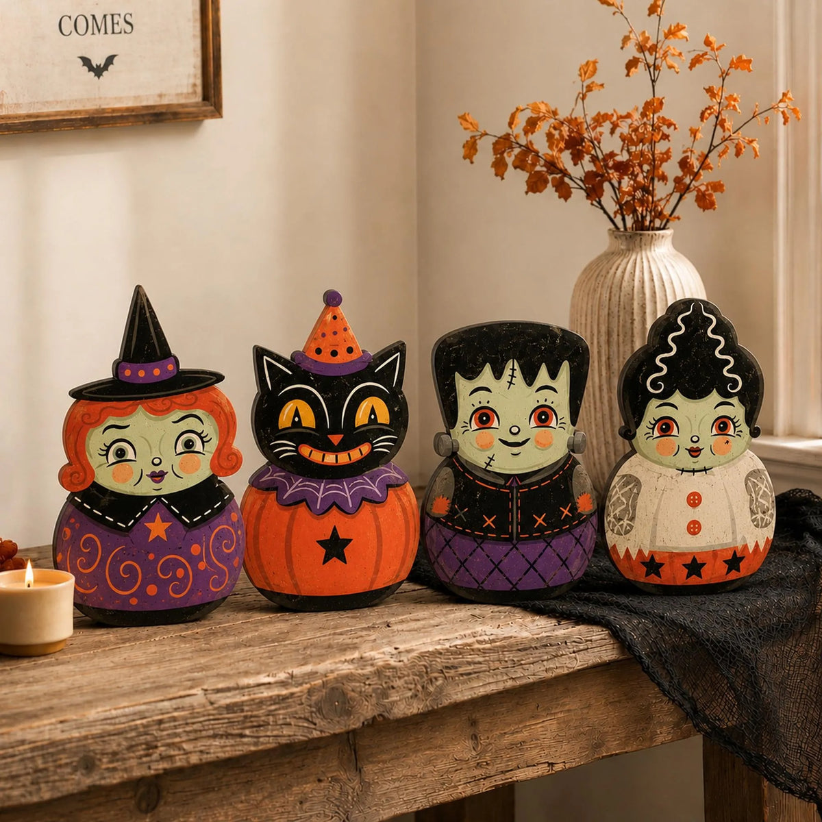 Vintage Halloween Wooden Block, Witch Black Cat Monster Decor, Retro Folk Art Character, Farmhouse Tiered Tray Decoration, Fall Halloween Gift
