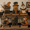 Vintage Halloween Wooden Block Set, Spooky Mantel Decor, Rustic Shelf Sitter Figures, Distressed Witch Cat Pumpkin Ghost Devil