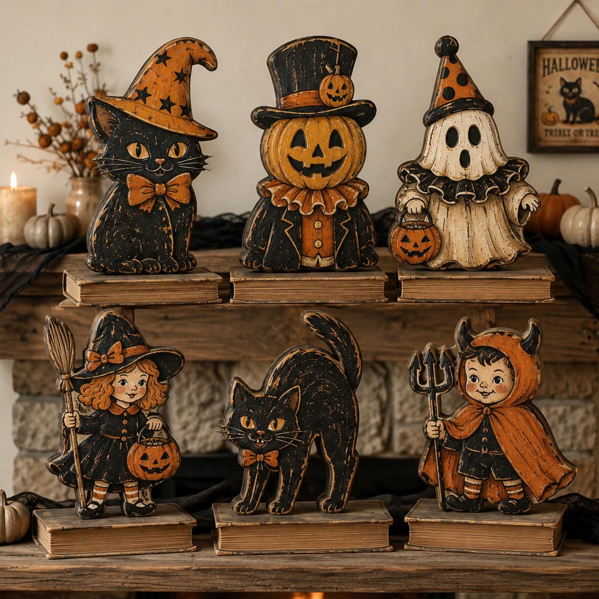Vintage Halloween Wooden Block Set, Spooky Mantel Decor, Rustic Shelf Sitter Figures, Distressed Witch Cat Pumpkin Ghost Devil