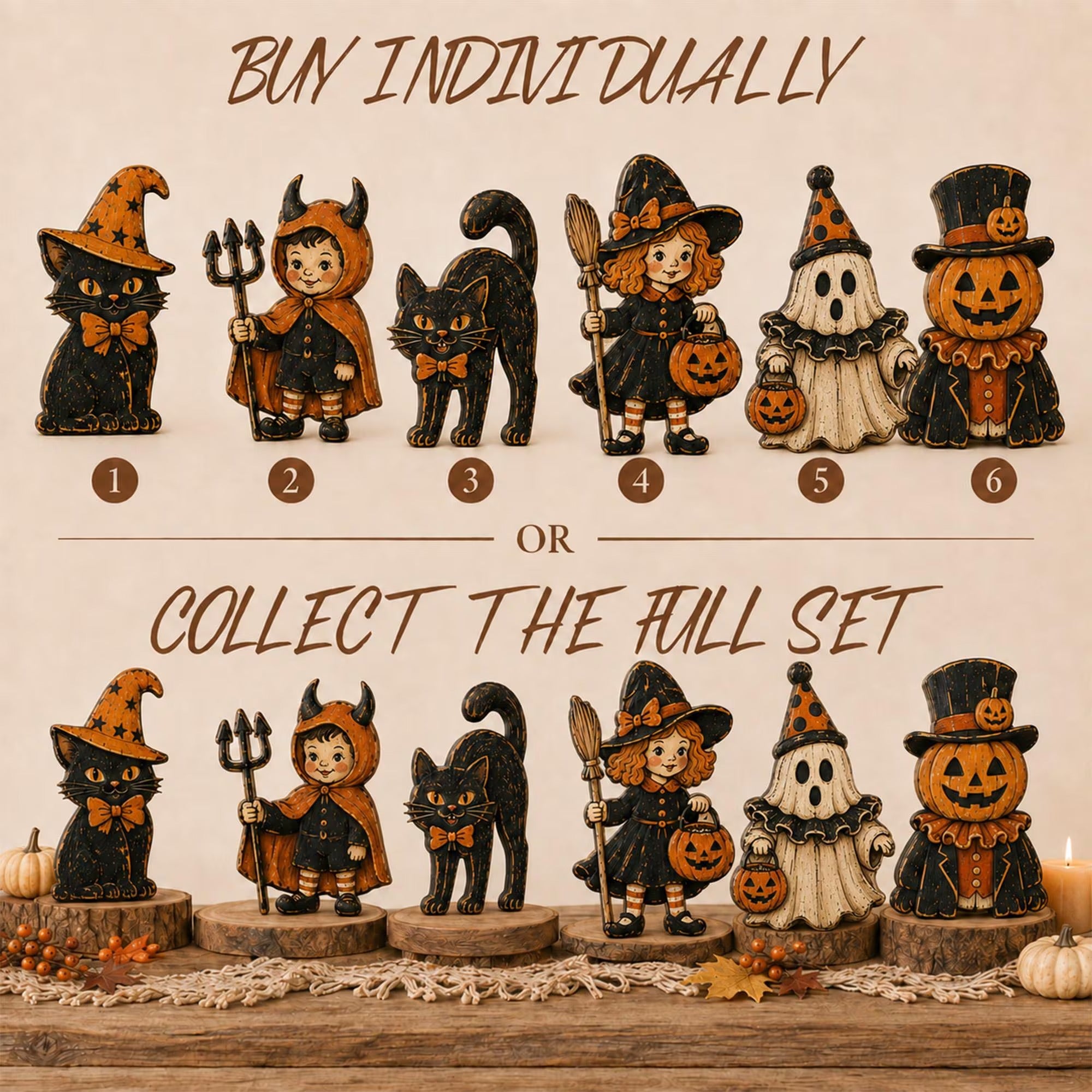 Vintage Halloween Wooden Block Set, Spooky Mantel Decor, Rustic Shelf Sitter Figures, Distressed Witch Cat Pumpkin Ghost Devil