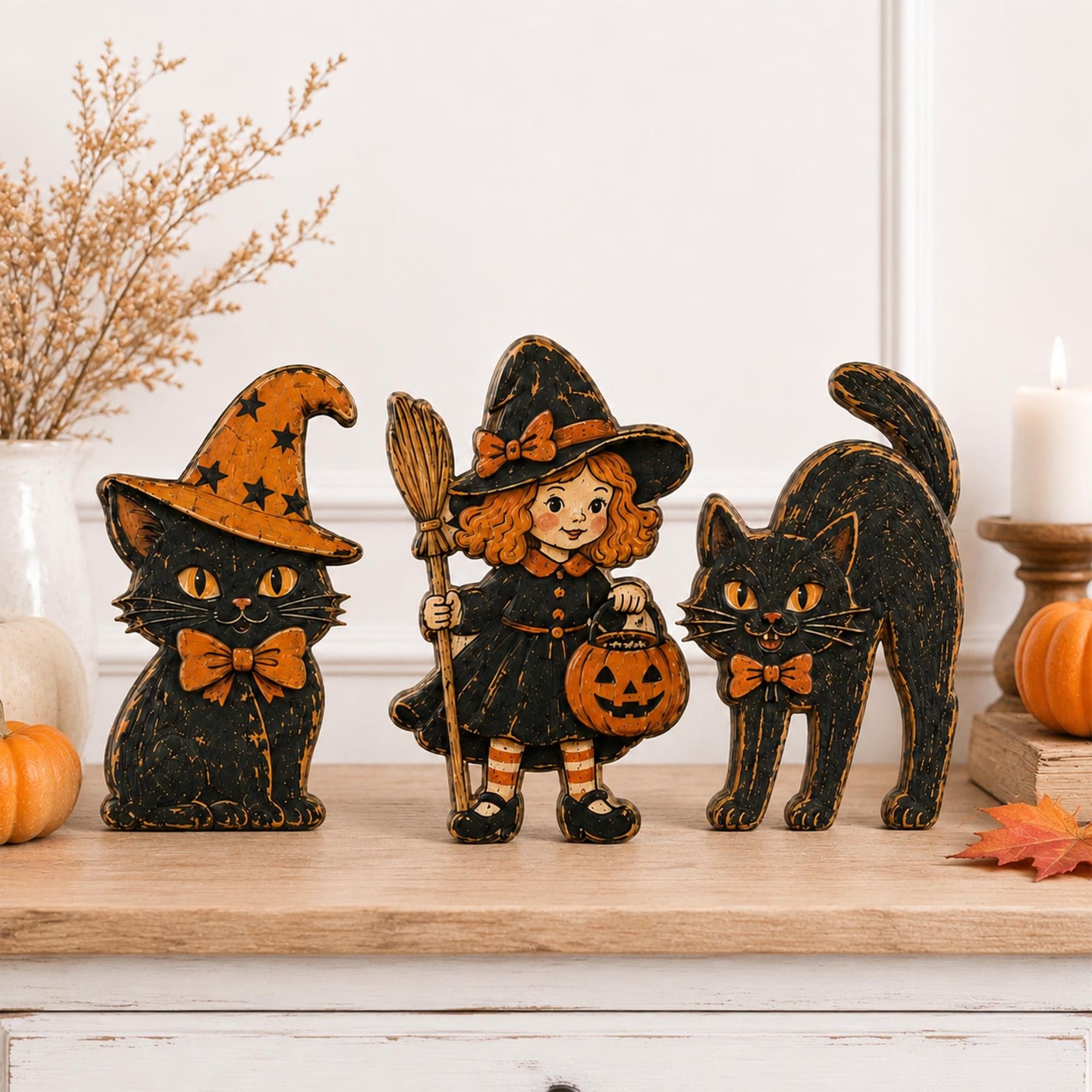 Vintage Halloween Wooden Block Set, Spooky Mantel Decor, Rustic Shelf Sitter Figures, Distressed Witch Cat Pumpkin Ghost Devil
