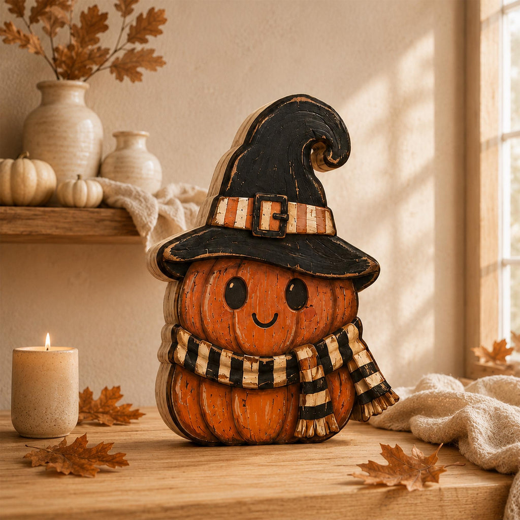 Halloween Pumpkin Blocks, Spooky Character Figures, Rustic Mantel Display