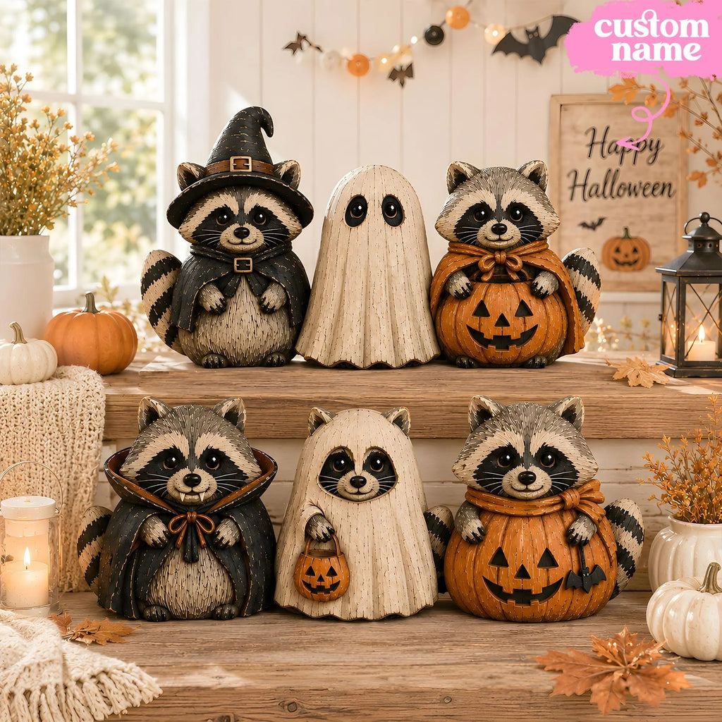 Unique Raccoon Halloween Figurines Handcrafted Wooden Animal Decor Spooky Autumn Mantel Shelf Display Witch Ghost Pumpkin