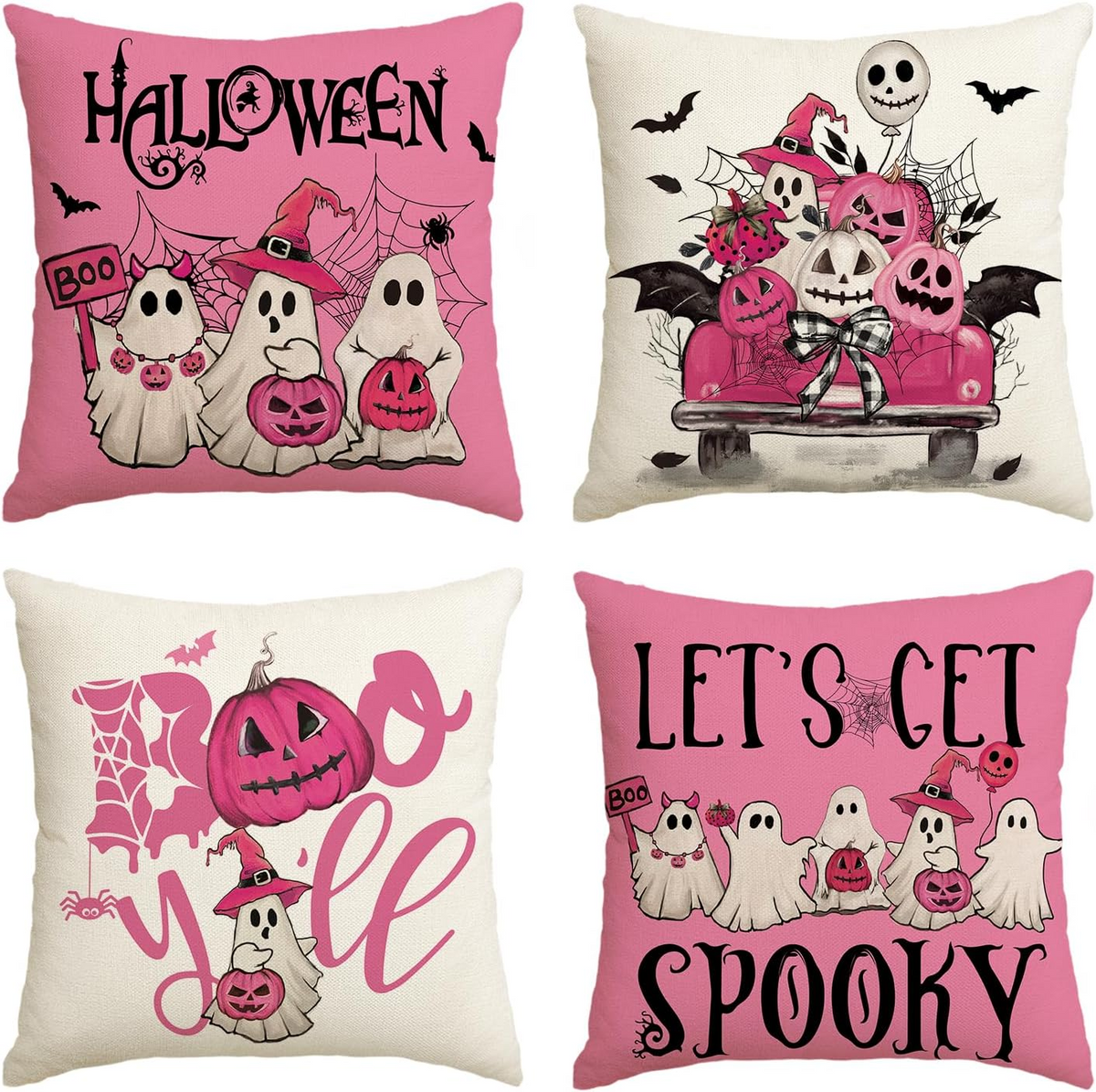Halloween Ghost Boo Y'all Throw Pillow Cover, Pink Car Pumpkin Cushion Case, Spooky Fall Home Decor, Cute Halloween Decoration
