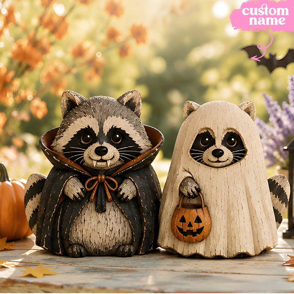Unique Raccoon Halloween Figurines Handcrafted Wooden Animal Decor Spooky Autumn Mantel Shelf Display Witch Ghost Pumpkin