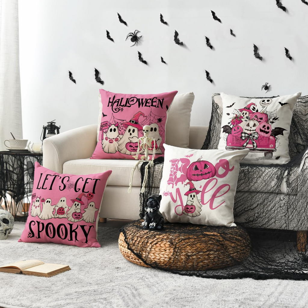 Halloween Ghost Boo Y'all Throw Pillow Cover, Pink Car Pumpkin Cushion Case, Spooky Fall Home Decor, Cute Halloween Decoration