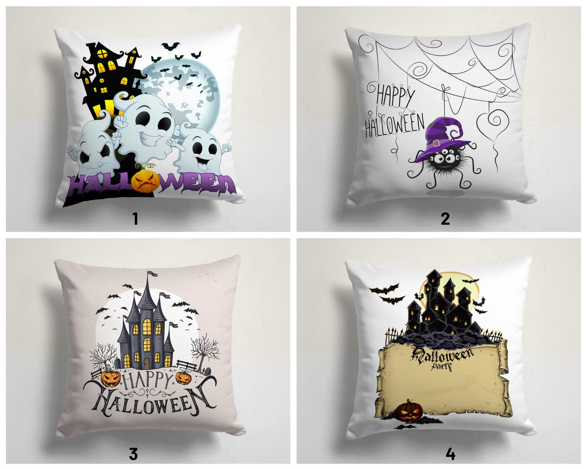 Halloween Spider Witch Hat Throw Pillow Cover, Carved Pumpkin & Haunted House Cushion Case, Spooky Fall Home Decor, Halloween Party Decoration