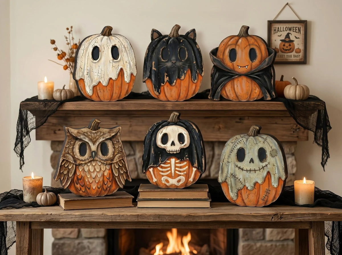 Vintage Halloween Wooden Block Decor, Retro Fall Shelf Sitter, Ghost Black Cat Pumpkin Skeleton Witch Owl Zombie Vampire, Spooky Indoor Home Decoration